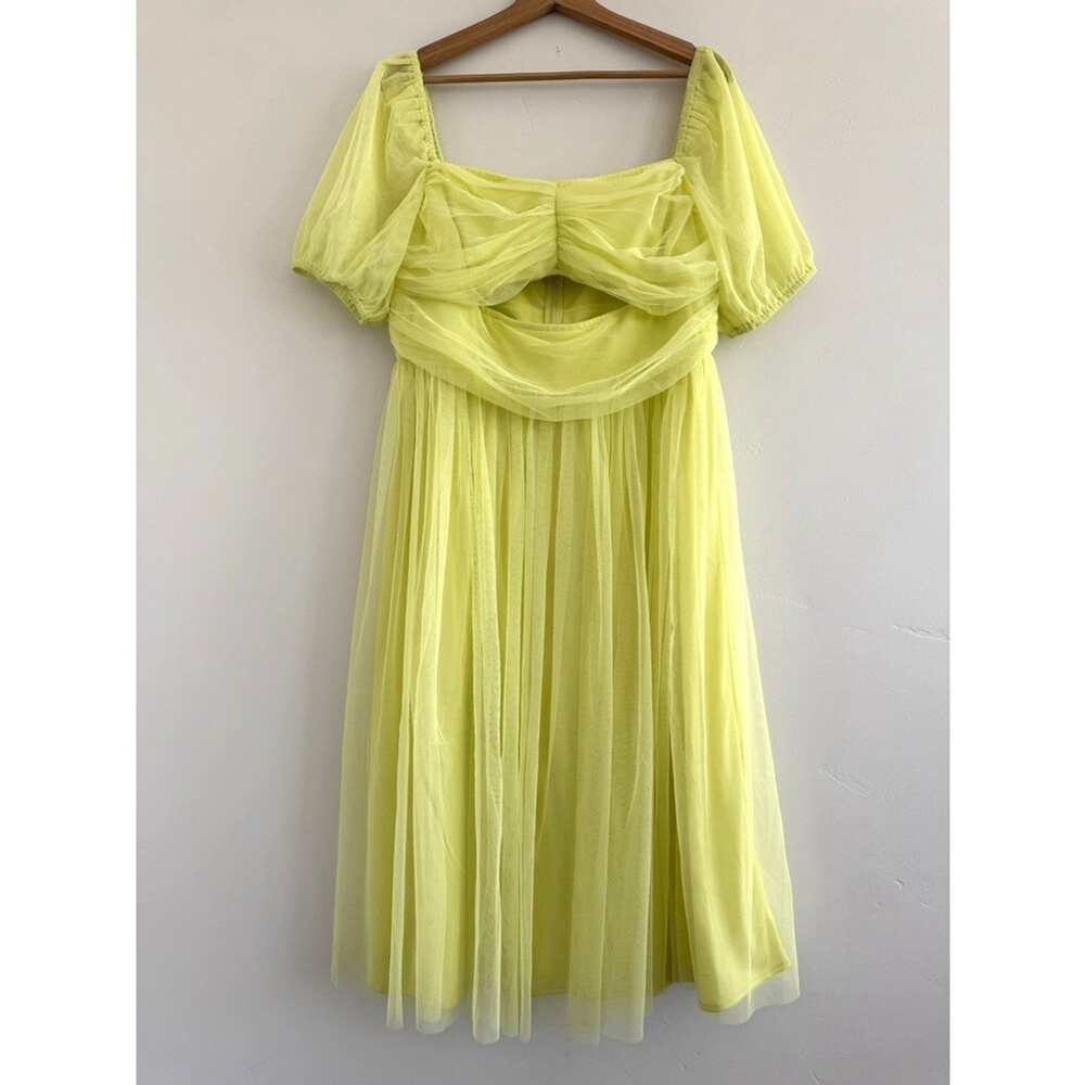 Anaya cut-out puff sleeve women midi dress in light yellow green size 10 - Picture 3 of 13